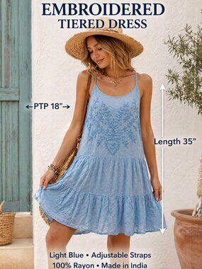 Be Beach Light Blue Embroidered Tiered Dress Adjustable Straps Boho 100% Rayon
